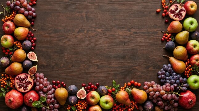 A bountiful thanksgiving border featuring a vibrant arrangement of colorful fruits like apples pears and grapes evoking autumnal harvest themes