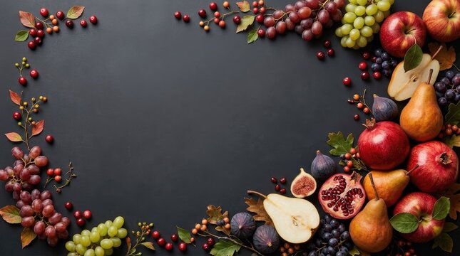 A bountiful and colorful thanksgiving fruit border featuring grapes pears pomegranates figs and apples on a dark slate background perfect for seasonal