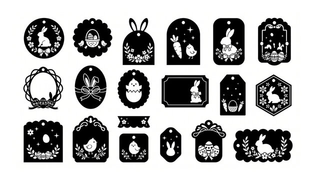 easter tags vector set with black and white bunnies, eggs, and spring elements
