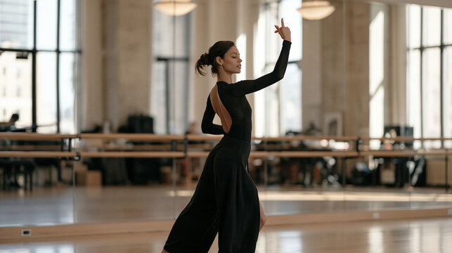 a twenty something woman practicing tango footwork in front of a mirrored studio wall alone on national tango day, determined expression, dance training, december afternoon,