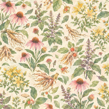 Watercolor seamless pattern of vintage medicinal herbs and botanical plants