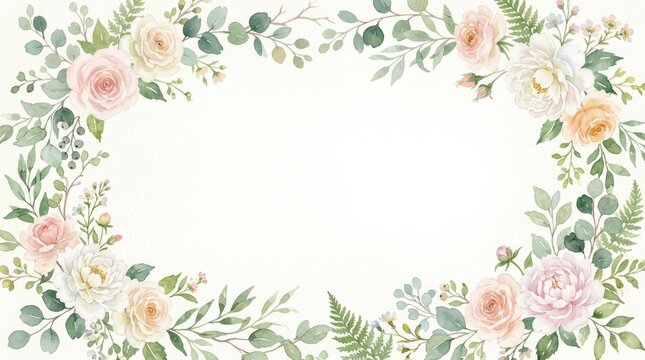 A watercolor floral border with pink, peach, and white roses and greenery on a white background.