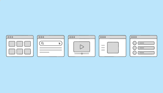 Row of five browser window layout wireframes representing web design templates on a soft blue background.