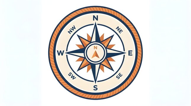 A stylized nautical compass rose icon featuring cardinal directions, a ropetextured border, and a central orange arrow, clean graphic design