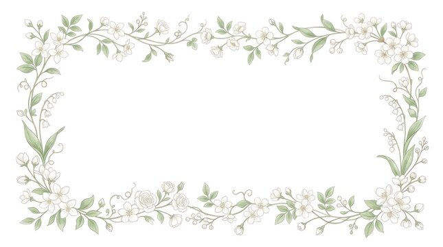 A white and green floral border with lily of the valley flowers and green leaves.