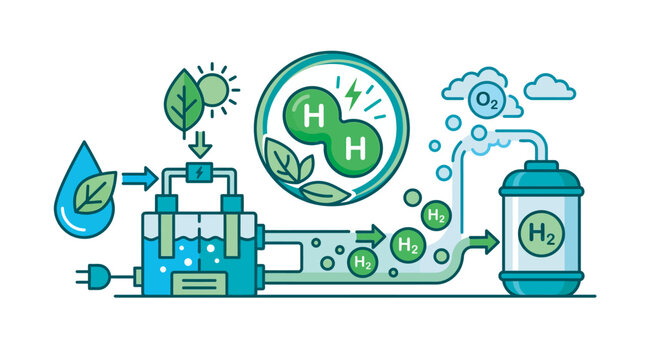 Green hydrogen production process illustration with water electrolysis and storage tank renewable energy sustainable power eco energy fuel cell energy technology alternative fuel industrial pro