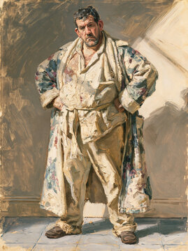 unflinching full-body portrait of a figure in a worn bathrobe