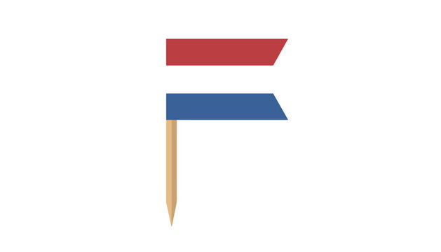 Small toothpick flag of the Netherlands with red white and blue horizontal stripes isolated on a white background.
