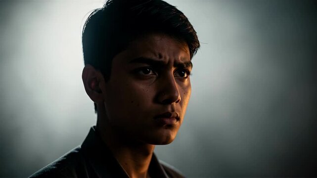 Moody Young Man Portrait in Side Light.
