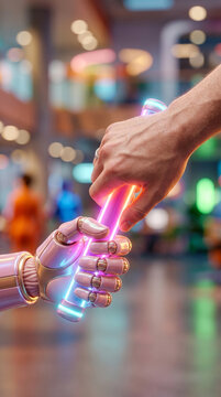 Close-up 3D illustration of a human hand passing a glowing baton to a soft robotic AI hand, delegation concept