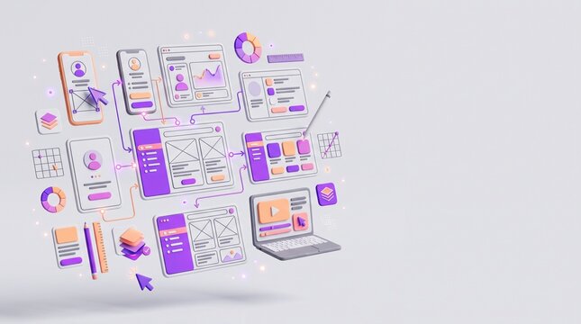 3D render of UI UX design process with floating wireframes, mobile app interfaces and design tools