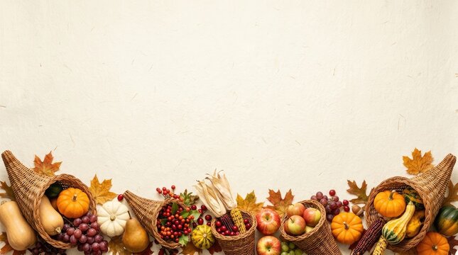 A beautiful thanksgiving cornucopia border featuring autumn fruits gourds and colorful leaves ideal for seasonal greetings and festive designs