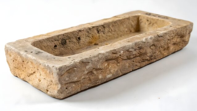 Stone trough carved from porous material sitting on a clean white surface.