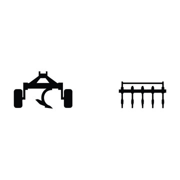 Set of two black silhouette featuring agricultural soil tilling implements and cultivator equipment for farm land preparation and planting