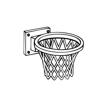 Black and white outline vector illustration of a basketball hoop and net mounted on a wall bracket