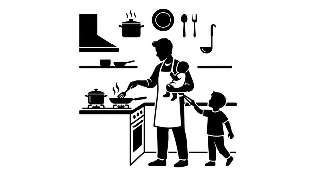 Father cooking kitchen holding baby, toddler son pulling apron, pots pans utensils icons, black silhouette flat vector, ladle, plate, icon, parenting. Cooking fatherhood multitasking lifestyle theme