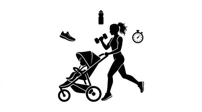 Mother jogging pushing stroller fitness workout, dumbbell water bottle running shoe stopwatch icons, black silhouette flat vector, icon, parenting, family. Fitness motherhood lifestyle theme