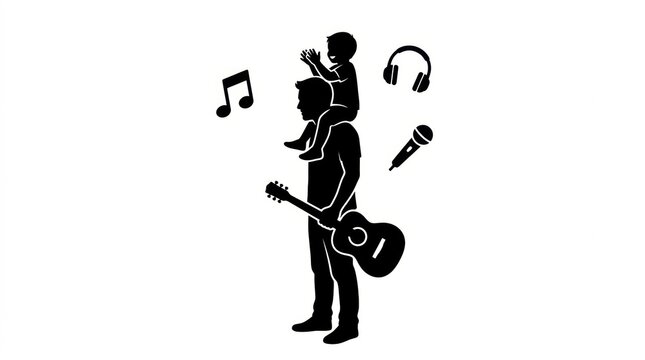 Father carrying son shoulders playing guitar, music note headphones microphone icons, black silhouette flat vector, white background, icon, parenting. Music multitasking parenthood lifestyle theme