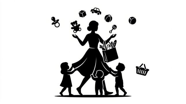 Mother juggling toys groceries bag three children pulling skirt, teddy bear ball icons, black silhouette flat vector, icon, parenting, mom, kids. Multitasking motherhood family lifestyle theme