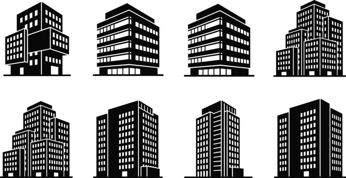Black and white corporate office building silhouettes collection perspective view architecture icons set isolated vector graphic illustration