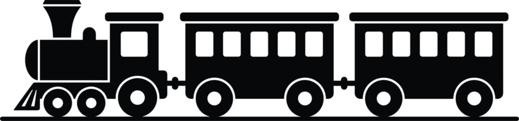 Black vintage steam train vector silhouette locomotive with passenger wagons moving on railway track isolated illustration © MSTJOSNA