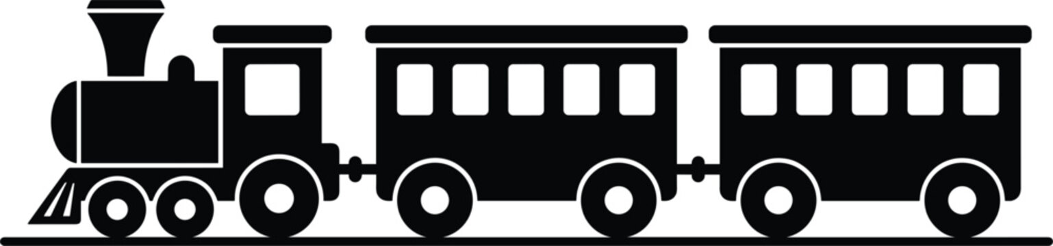 Black vintage steam train vector silhouette locomotive with passenger wagons moving on railway track isolated illustration