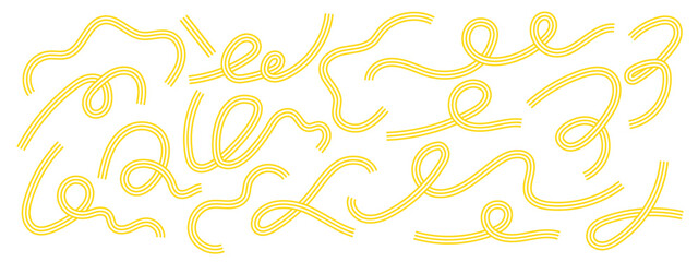 Fototapeta premium Spaghetti elements with abstract curved pasta lines and spiral noodle waves. Yellow swirling ramen forms for Italian cuisine design.