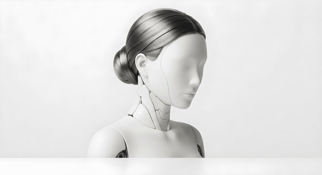 Bust of a graceful humanoid female robot with a neat hair bun in profile