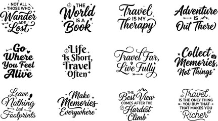 Set of twelve inspirational travel quotes with hand drawn lettering typography for posters and social media © MstTamima