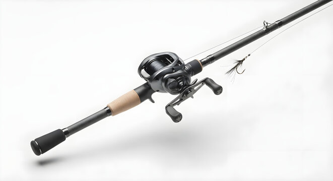 Modern baitcasting fishing rod and reel isolated on white background