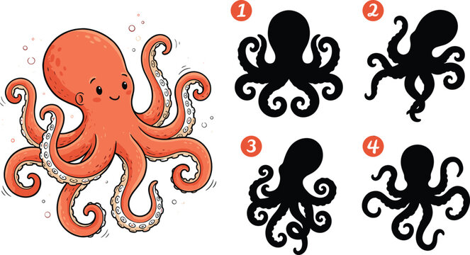 Children educational shadow match game sheet with cute cartoon octopus character find correct shape vector illustration