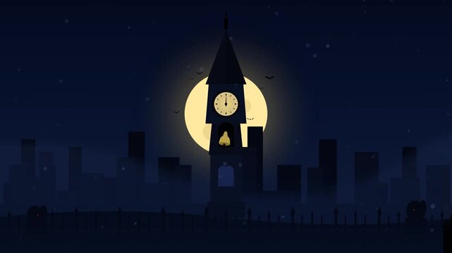 Halloween spooky gothic clocktower animation at midnight