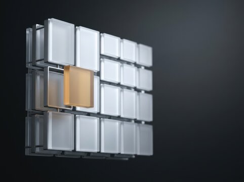Enterprise validation review with amber block pulled forward from translucent matrix