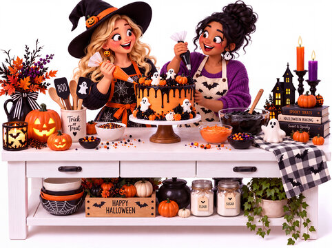Zwei verkleidete Frauen als Hexen verzieren eine gro&szlig;e Halloween Torte