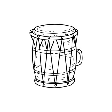 Indian dholak hand drum line art illustration featuring traditional wooden barrel percussion instrument with tension cords and side handle on checkered grid.