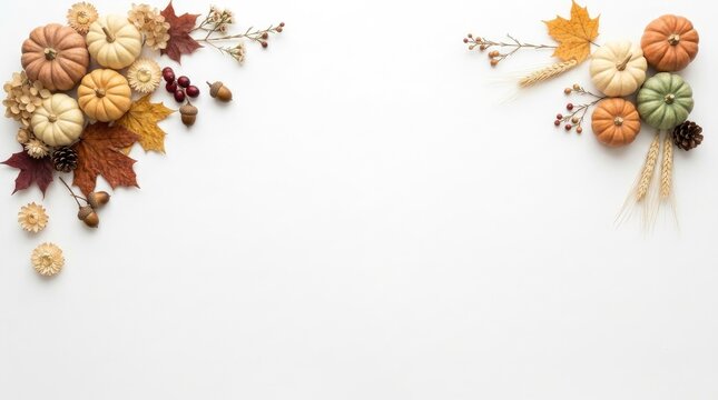 A beautiful and festive thanksgiving border with autumn leaves pumpkins and gourds on a clean white background perfect for holiday designs