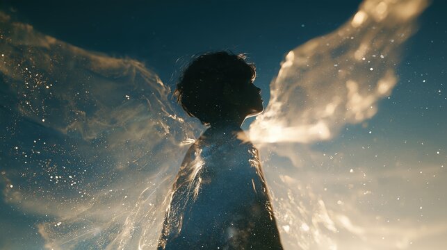 Memorial of the Holy Guardian Angels: a child's silhouette with soft translucent angel wings and a starry night sky, dreamlike surreal composition