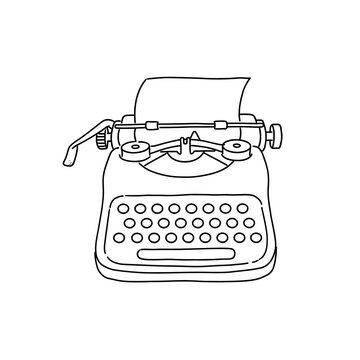 Retro manual typewriter machine outline drawing with blank paper sheet in roller carriage perfect for creative writing concepts and vintage office illustrations.