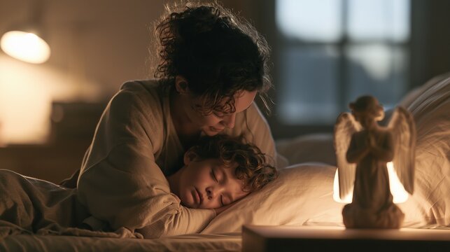 Memorial of the Holy Guardian Angels: a mother tucking her sleeping child into bed at dusk, a small guardian angel figurine on the nightstand softly lit by a nightlight, tender protective atmosphere