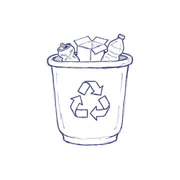 Recycling bin full of household waste blue ink sketch design sustainability concept trash container with plastic bottle cardboard box and aluminum soda can icon.