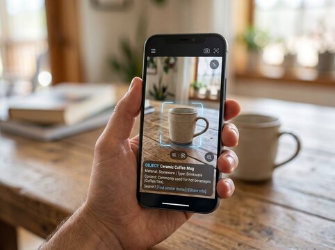 Hand holding smartphone using visual search and object recognition app to identify a ceramic coffee mug