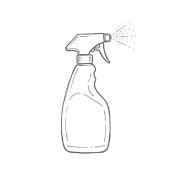 Plastic spray bottle dispensing fine mist hand drawn sketch on transparent background ideal for household cleaning products gardening and salon styling graphics.