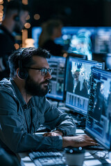Fototapeta premium cybersecurity analyst monitoring security dashboard on multiple screens, dark modern operations center, realistic stock photography