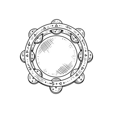 Ornamental tambourine percussion musical instrument sketch in black ink isolated on transparent grid background for ethnic rhythm and folklore concepts.