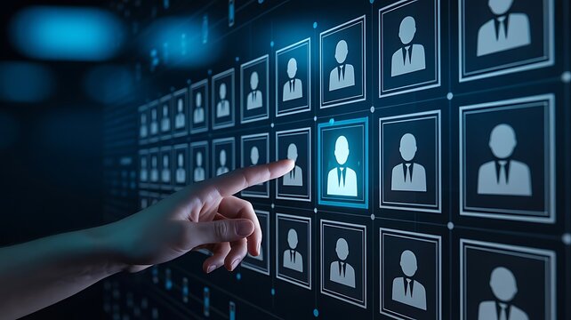 Hand pointing at a digital grid of profile representing human resources management and corporate recruitment software systems