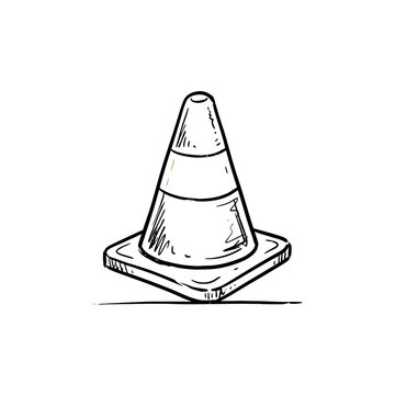 Traffic cone illustration featuring bold black lines for construction site safety marking or road maintenance planning presented as a clear hand drawn sketch asset.
