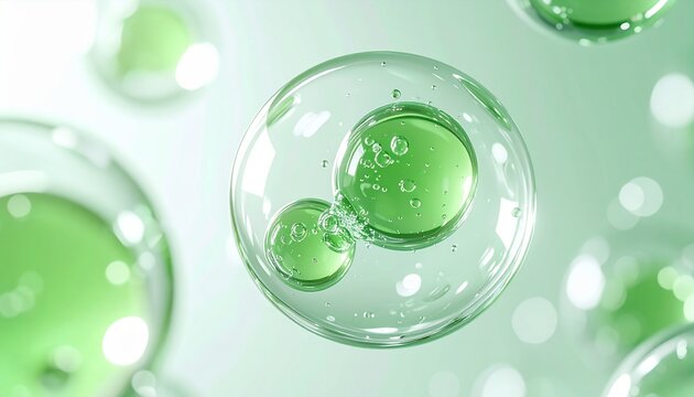 緑の美容成分が透明な水滴の中に閉じ込められたマイクロイメージ、みずみずしい潤いと美容液の浸透を表現したスキンケア背景、ジェネレーティブAI