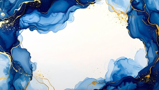 ブルーのアルコールインクとゴールドが織りなす流体アート、白いコピースペースを大きく残した清潔感と高級感のあるエレガントな抽象背景、ジェネレーティブAI