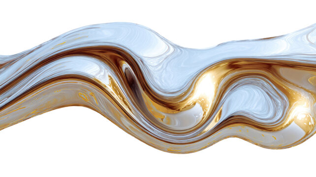 Abstract flowing metallic wave with white blue silver and gold swirling layers and glossy curves isolated on white background