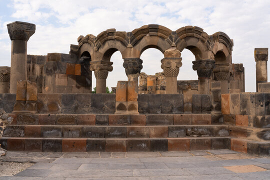 Ancient stone arches and columns in Armenian ruins
